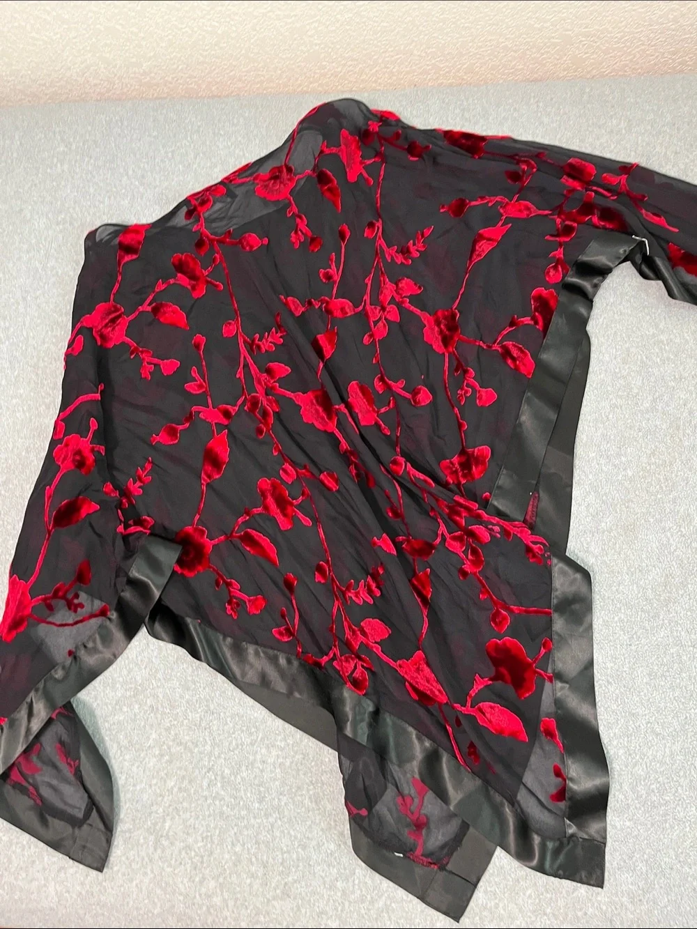 Black Sheer Poncho Coverup Red Velvet Floral Burnout Large Whimsigoth Dark Vamp
